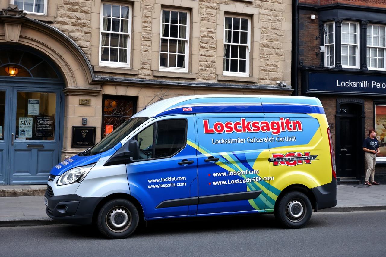 Locksmith service van parked outside a stone building on a high street