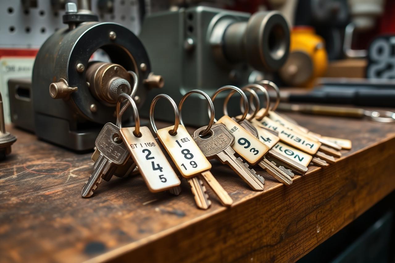Numbered building keys on rings resting on a workshop bench