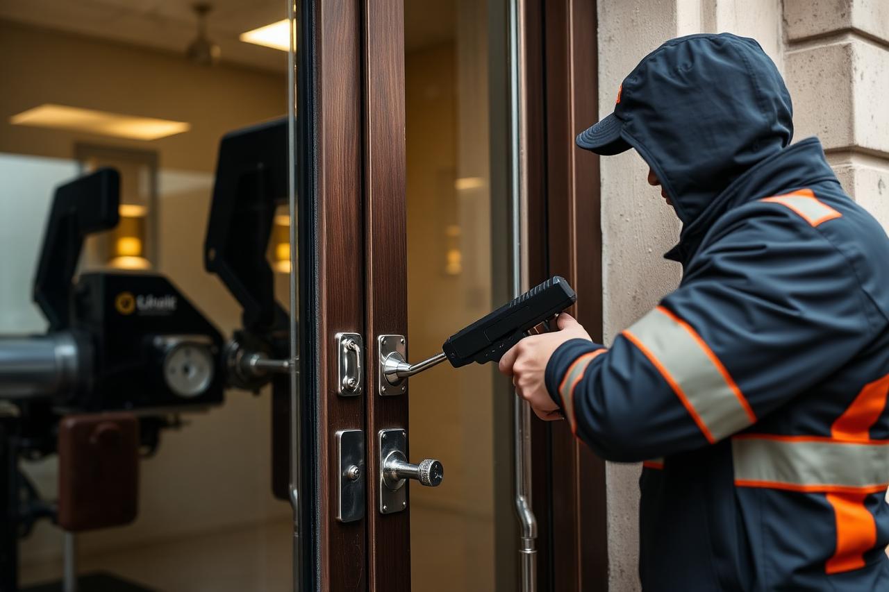 Locksmith using tools at the entrance door of a commercial building