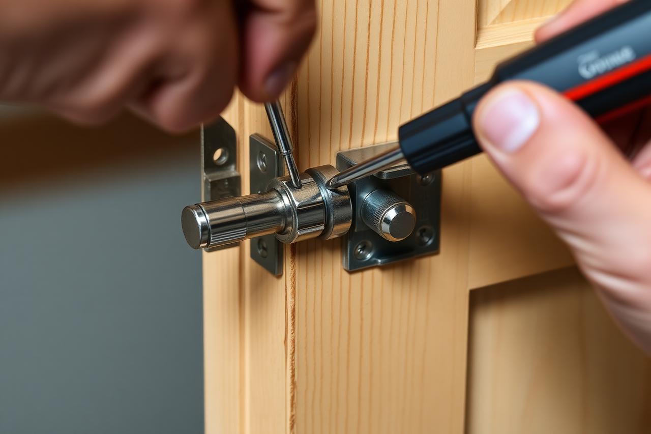 Hands fitting a metal bolt and lock hardware onto a wooden door edge
