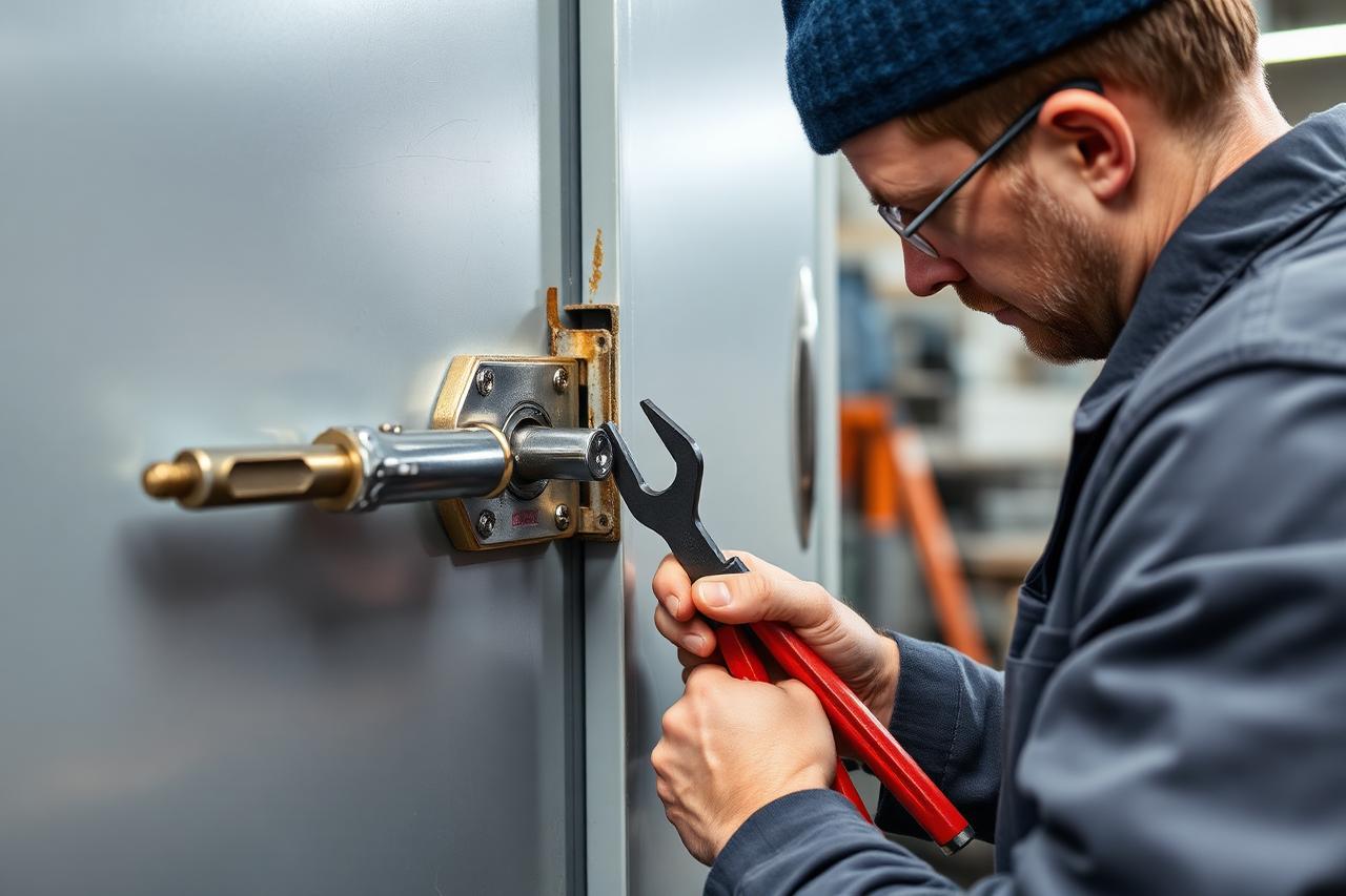 Technician repairing a door bolt mechanism on a metal door